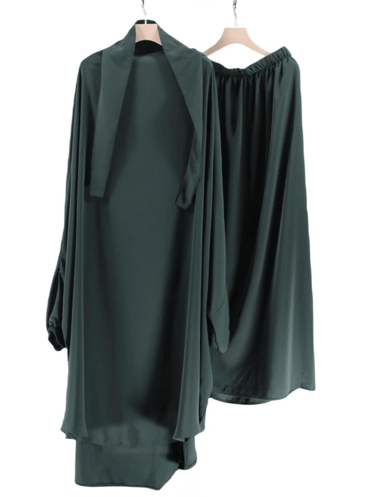 Elegant 2pcs Muslim women’s jilbab Abaya set soft, Breathable polyester, solid color long sleeve perfect for outings comfortable loose fit for all body type