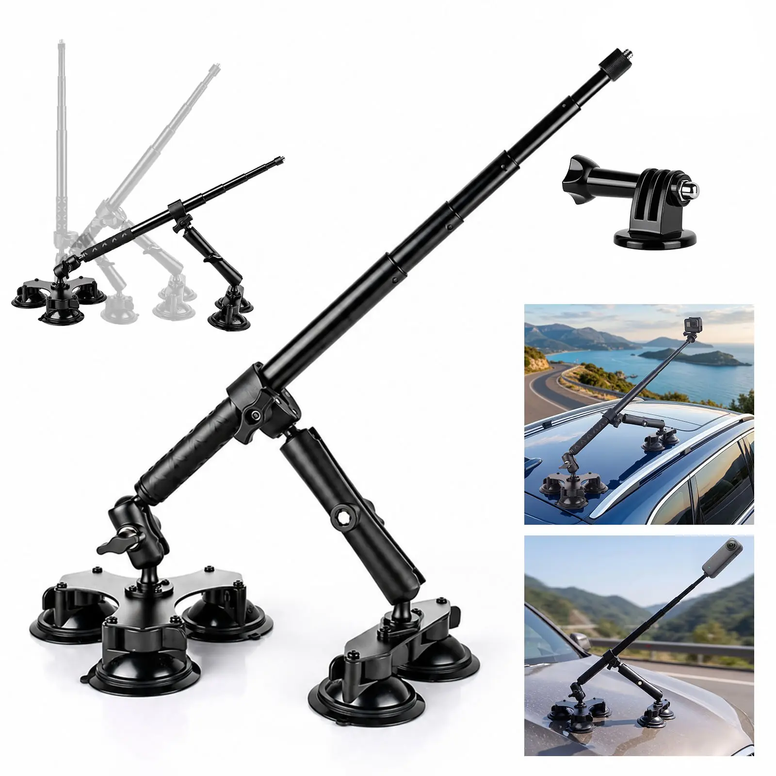 Five-Suction Car Mount, Heavy-Duty Tripod, Multi-Function Suction Cup, 45-Inch Selfie Stick, Adjustable, Metal, Car Holder, Holder System, Compatible with Insta360/dji Osmo/akaso