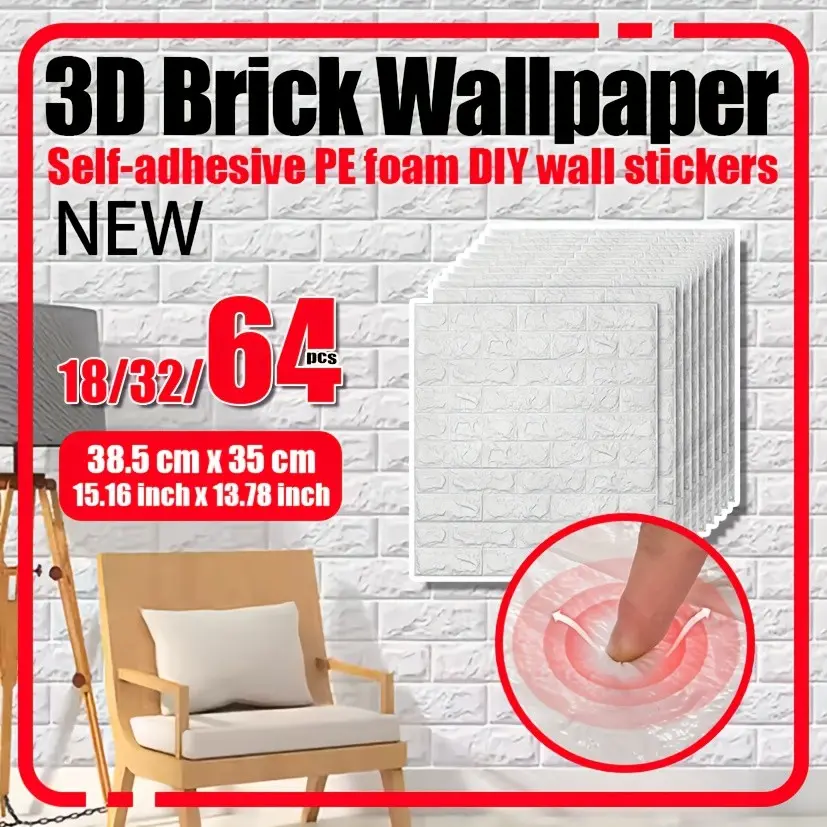 3D Brick Wallpaper Stickers, Pe Foam Self-Adhesive DIY Wall Decals, 35x38cm, Home Decor for Living Room, Bedroom, Hotel, Cafe