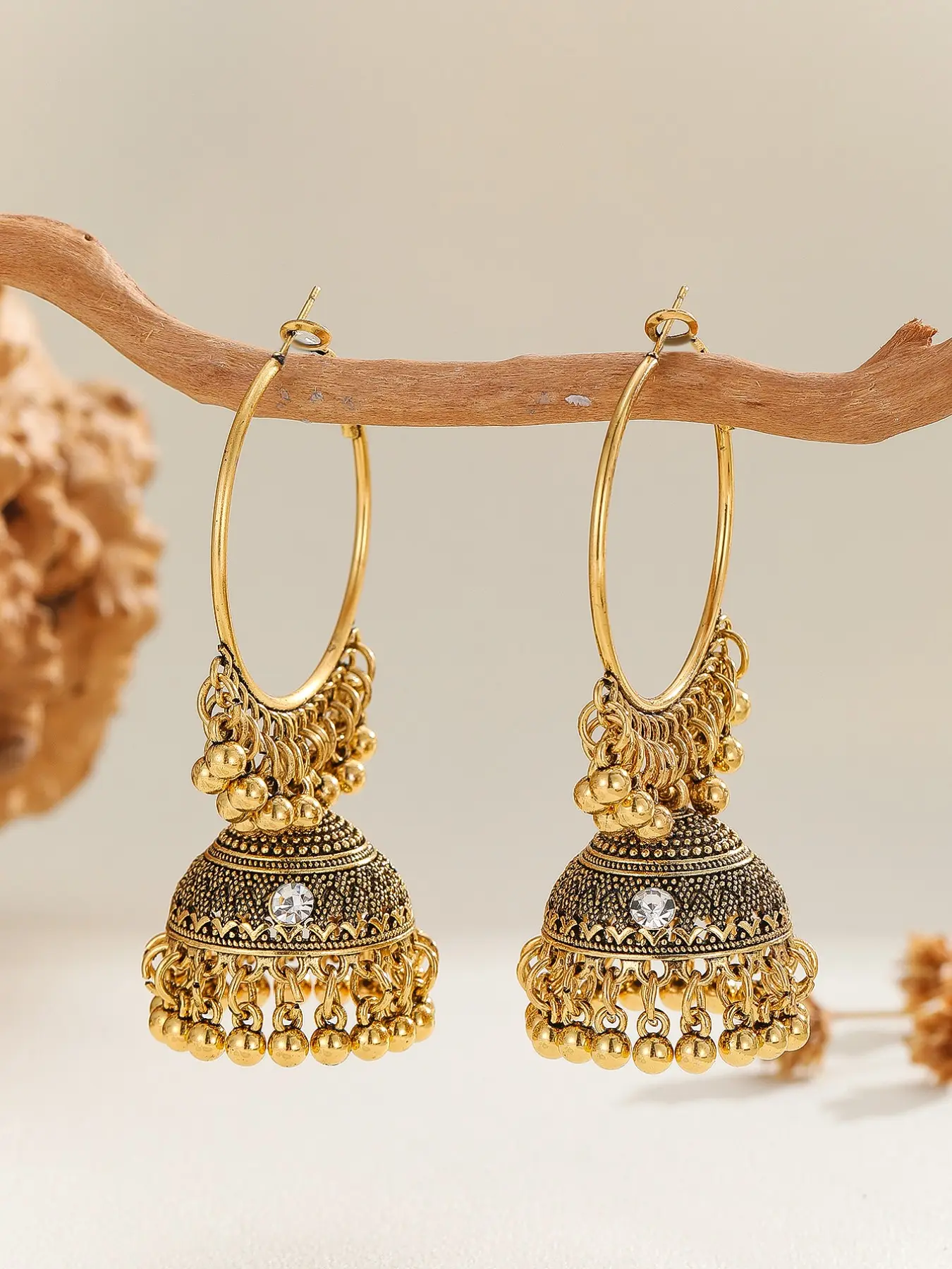 1 pair of Hoop earrings, casual vintage studded rhinestone earrings with bell and tassel eardrop, Indian-style jewelry, suitable for women and girls to wear for daily, festivals, weddings, and parties/jewelry gift
