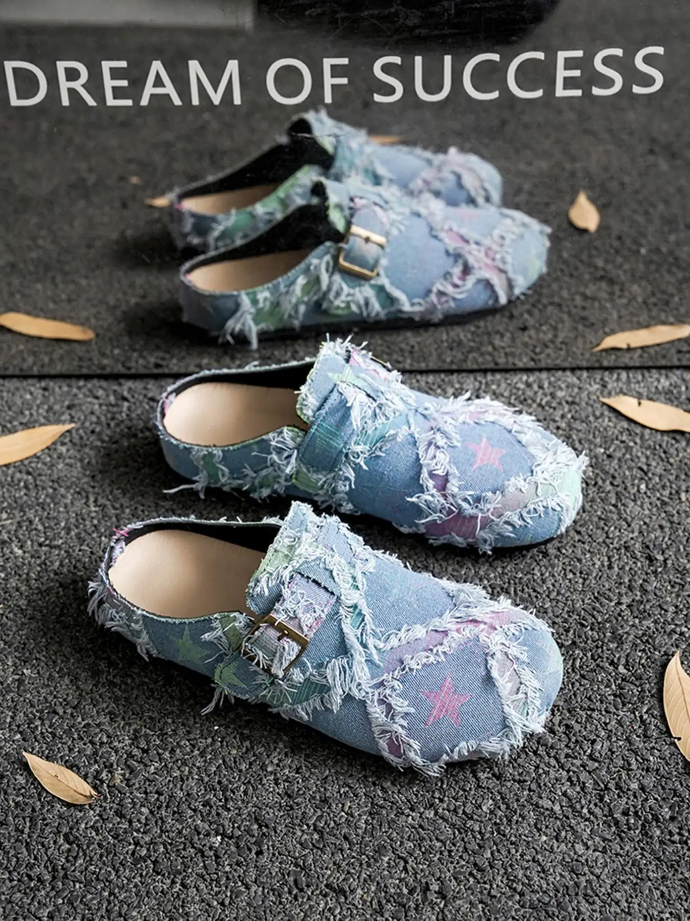 Men Vintage Star Denim Closed Toe Mules, Frayed Adjustable Buckle Slip-On Backless Half Slides, Distressed Flat Lazy Shoes, Lightweight For Home Walking Daily Errands, Retro Denim Matches Casual Street Outfits