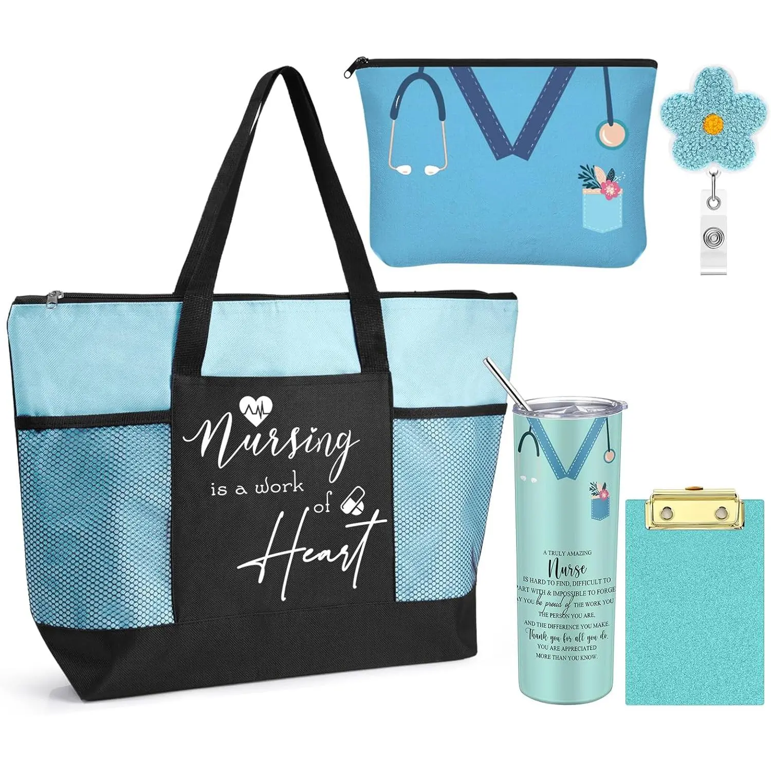 5 Pcs Nurse Appreciation Gift Set for Women Nurse Gifts Basket Set for Nursing Graduation School Student Cna Week (Light Blue)