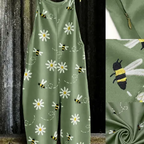 Plus Size Fashion Bee & Daisy Embroidered Jumpsuit, Casual Sleeveless Wide-Leg Jumpsuit, Y2K Stylish Clothes, Casual Summer Wear for Parties and Vacations, Trendy Bohemian Comfortable Relaxed-Fit Dungarees, Fashionable Jumpsuit
