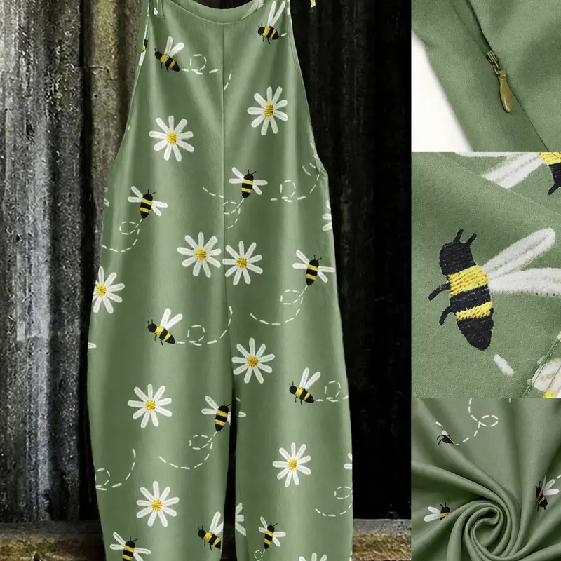 Plus Size Fashion Bee & Daisy Embroidered Jumpsuit, Casual Sleeveless Wide-Leg Jumpsuit, Y2K Stylish Clothes, Casual Summer Wear for Parties and Vacations, Trendy Bohemian Comfortable Relaxed-Fit Dungarees, Fashionable Jumpsuit