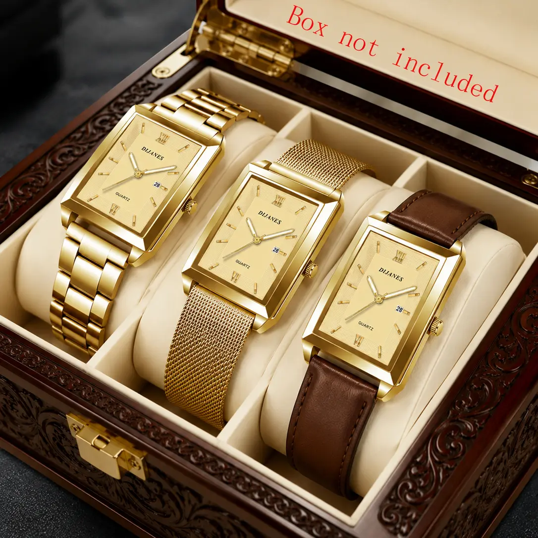 3 Pack Men's Rectangular Quartz Watches, Gold Roman Numeral Dial with Date, Metal Link, Milanese Mesh and Brown PU Leather Straps