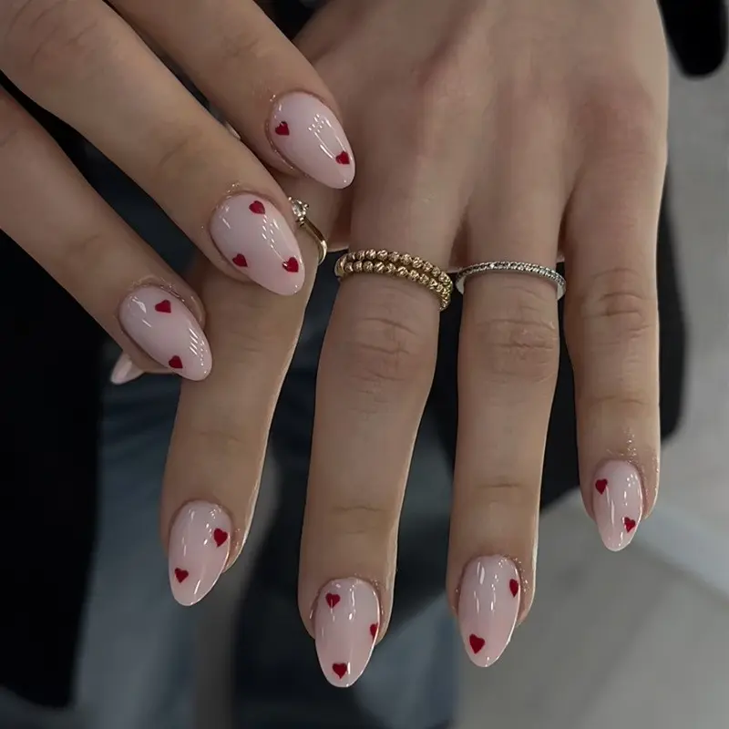 24 Piece Short press on nails Naked Pink Little Red Heart Simple Almond Nail Art Valentine's Day Style include press on nail glue, nail file Suitable for any occasion, Press on sets