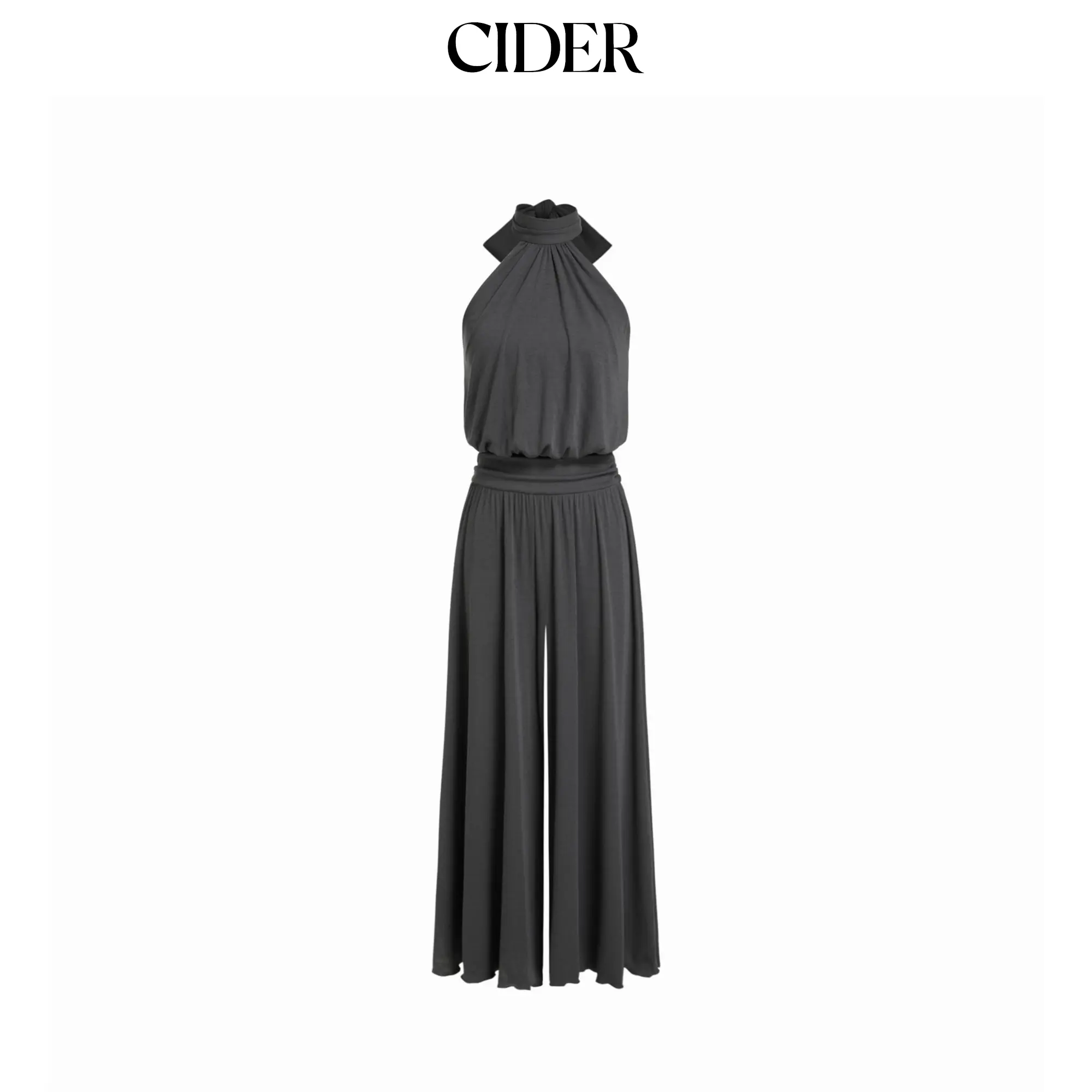 Cider Halter Neckline Ruched Tie Back Wide Leg Oversized Jumpsuit