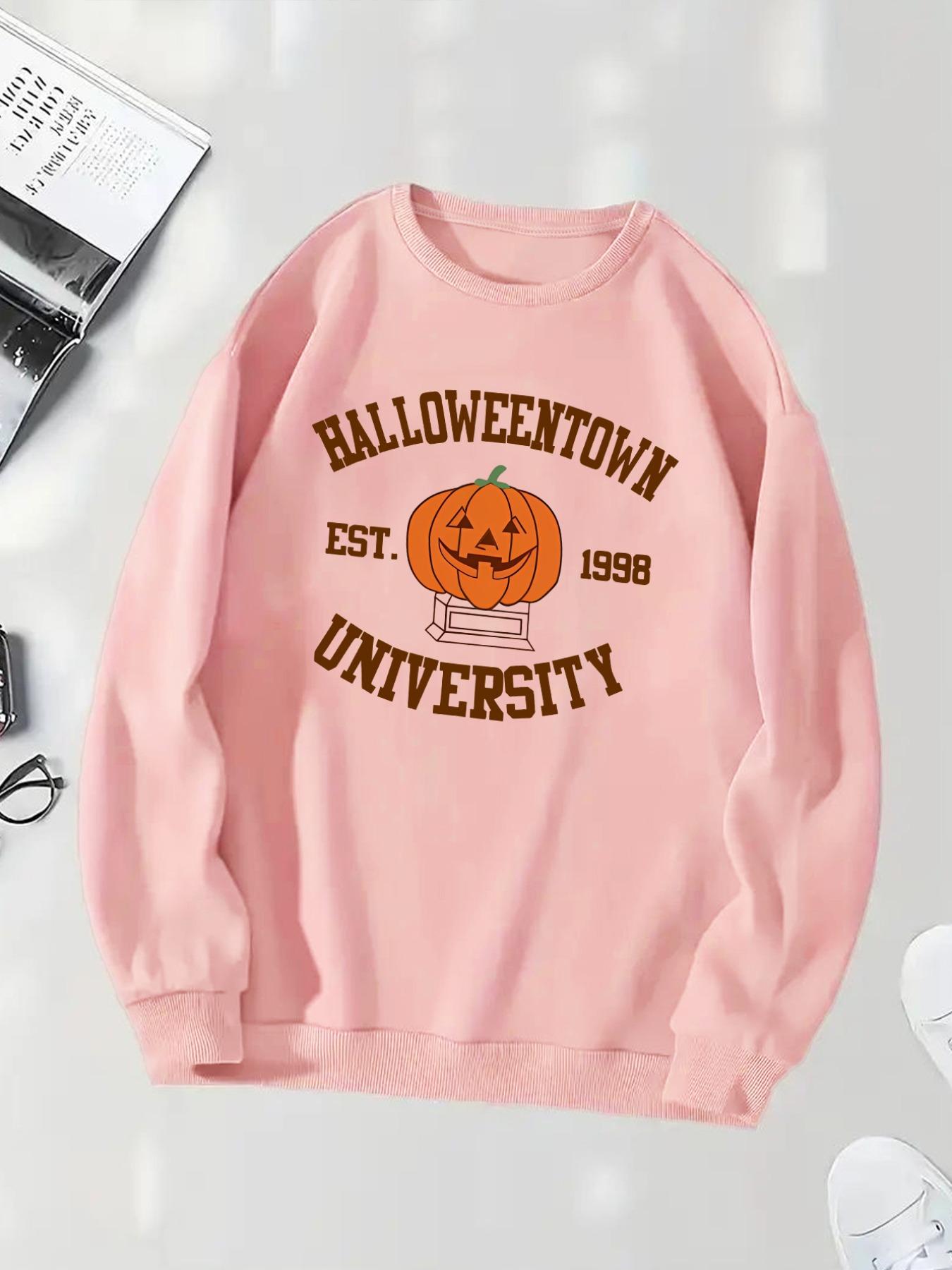 Women's Letter Print Drop Shoulder Sweatshirt, Casual Halloween Long Sleeve Round Neck Pullover for Spring & Fall, Lady Clothes for Daily Wear Black Girl Outfits