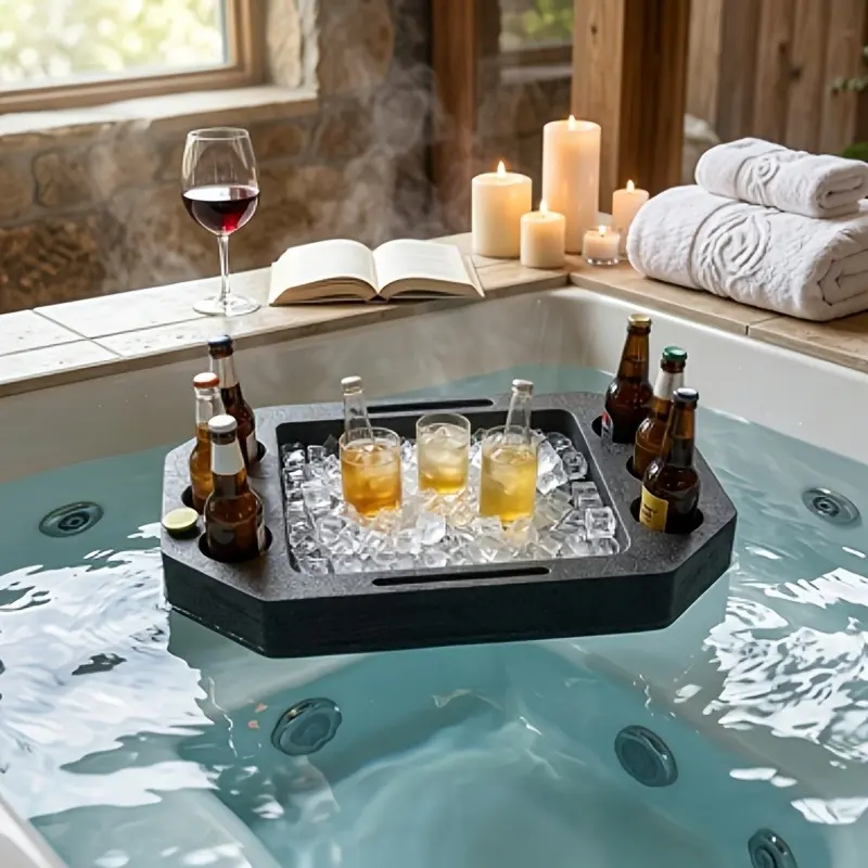 Large floating drink/tea tray with black compartments. Essential for pools, hot tubs, beach. Portable & great for personal decor