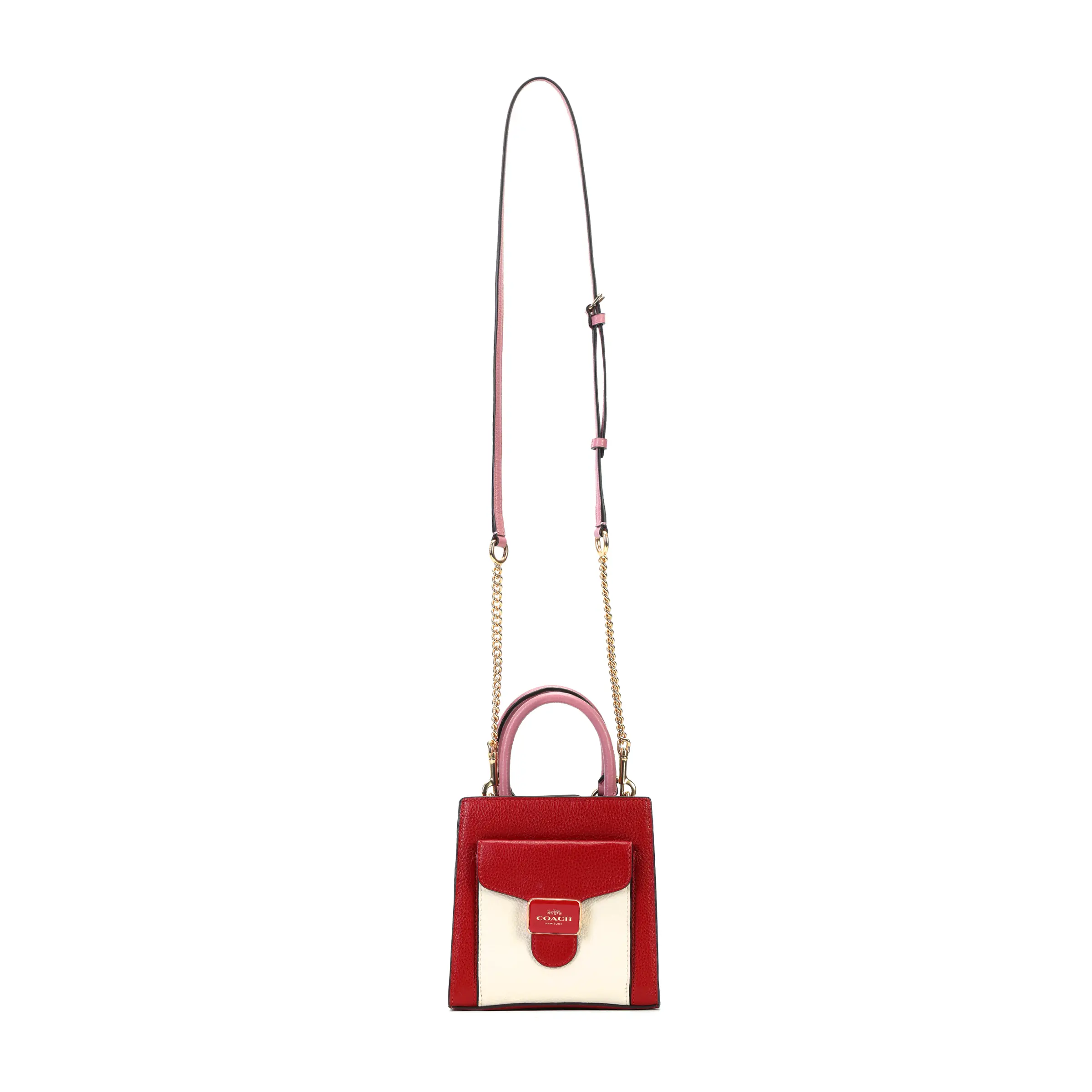 COACH Pepper Small Top-Handle Crossbody Bag for Women – Pebbled Leather in Red, White, and Pink