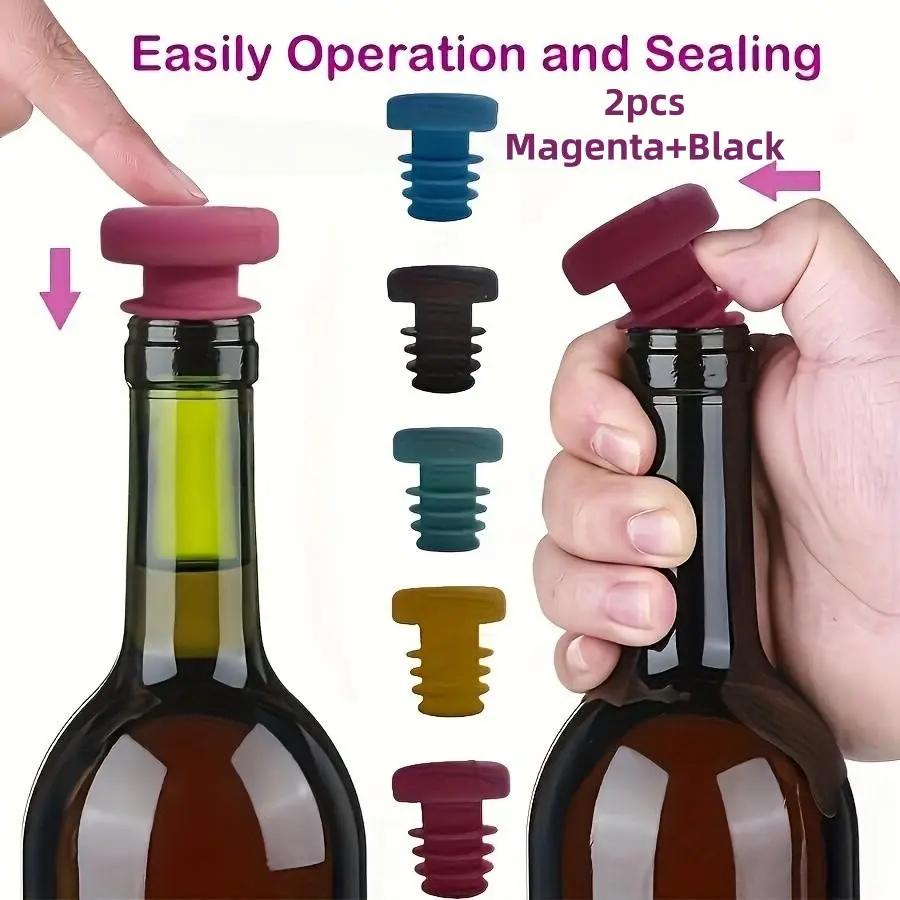 2-Pack Silicone Wine Stopper, Reusable Leak-Proof Bottle Seal, Screw-On Silica Gel Cap for Spirits, Oil, Perfect for Holidays