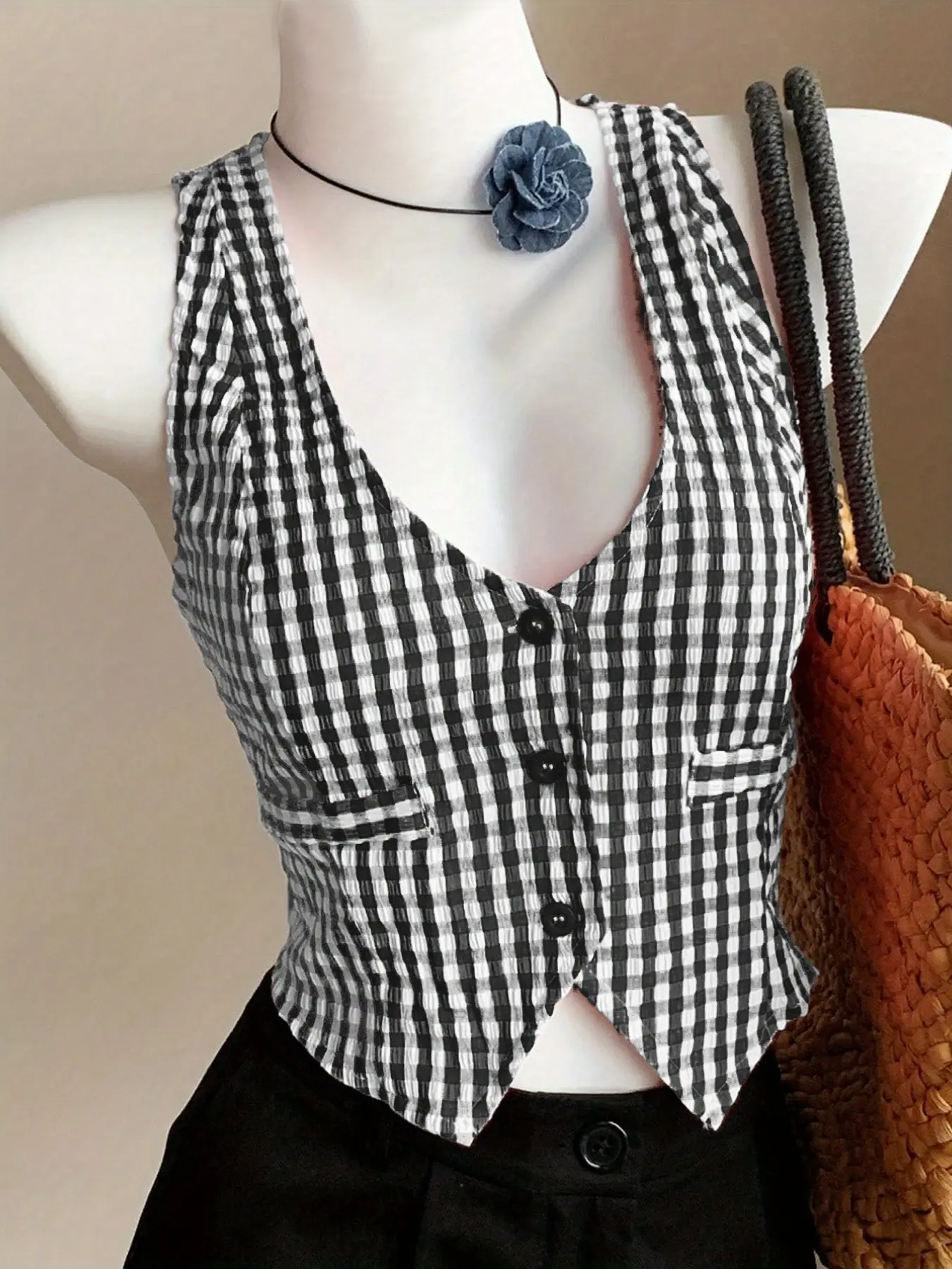 Women's Plaid Knit Vest Top, V-Neck Design, Front Button Closure, Fake Pocket Detail, Asymmetrical Hem, Stylish & Comfortable