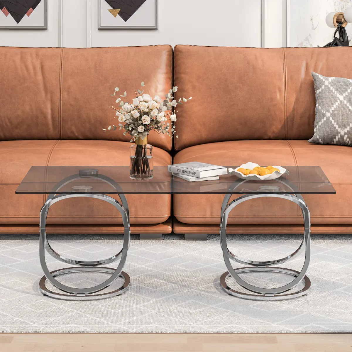 31.5" Mid-Century Rectangular Glass Coffee Table - Chrome Base, Iron Ring-Shaped Frames, Gray Tempered Glass, Luxury Living Room Center Table for Bedroom, Office, Silver