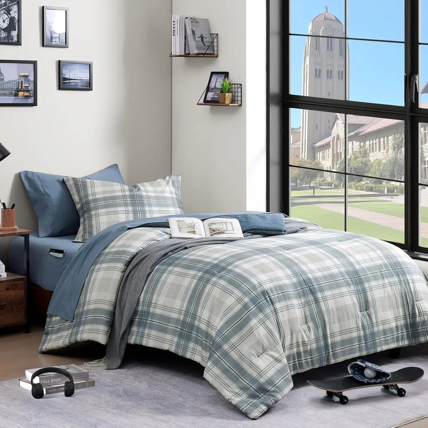 Woven Plaid Polyester Twin XL Comforter Set, Blue Grey 5-Piece OEKO-TEX Safe College Dorm Bed-in-a-Bag with Cloud Soft Fill, Sheets, Pillowcase & Sham, Five Pieces