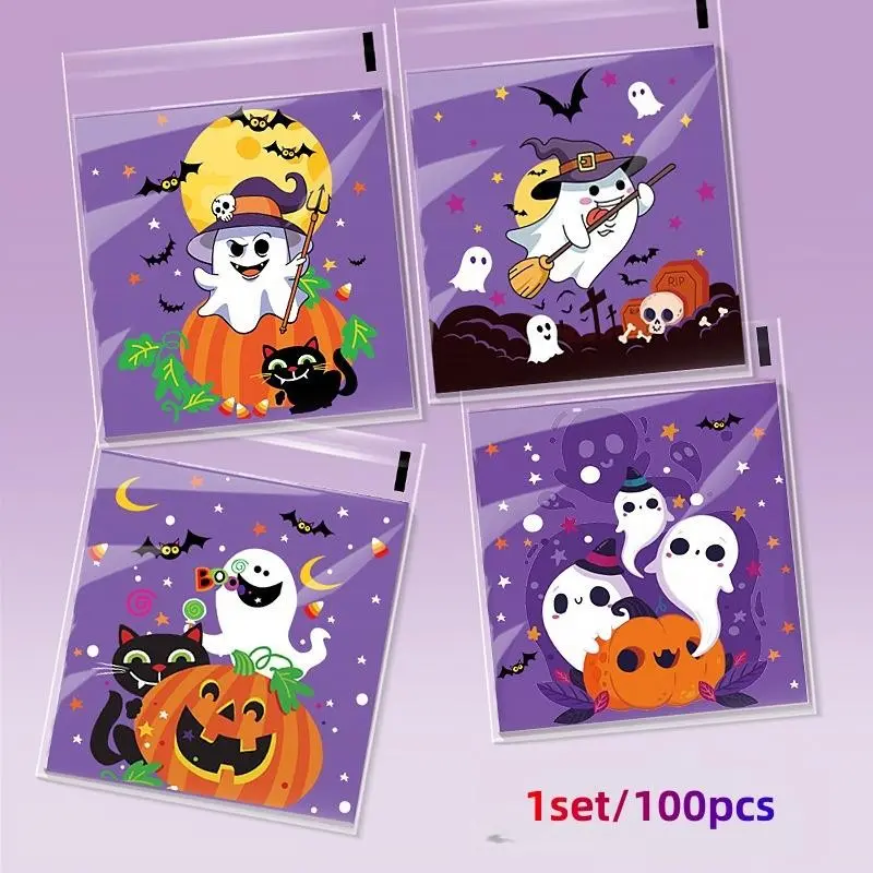 100pcs Halloween Candy Bags, Ghost Festival Party Gift Bags, Self-Seal Cookie Bag, Halloween Packaging Bags, Sweet Treats Wrapper