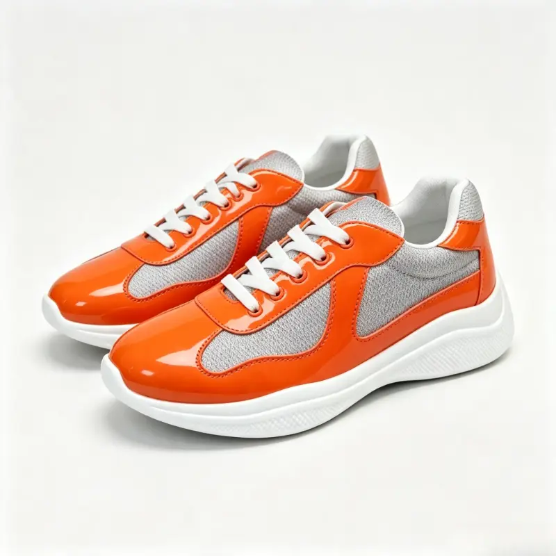 Men OrangeGray TwoTone Patent Leather Mesh LaceUp Sneakers, Contrast Panel Lightweight Thick Sole Athletic Trainers, Breathable Casual Walking Daily Outdoor Footwear