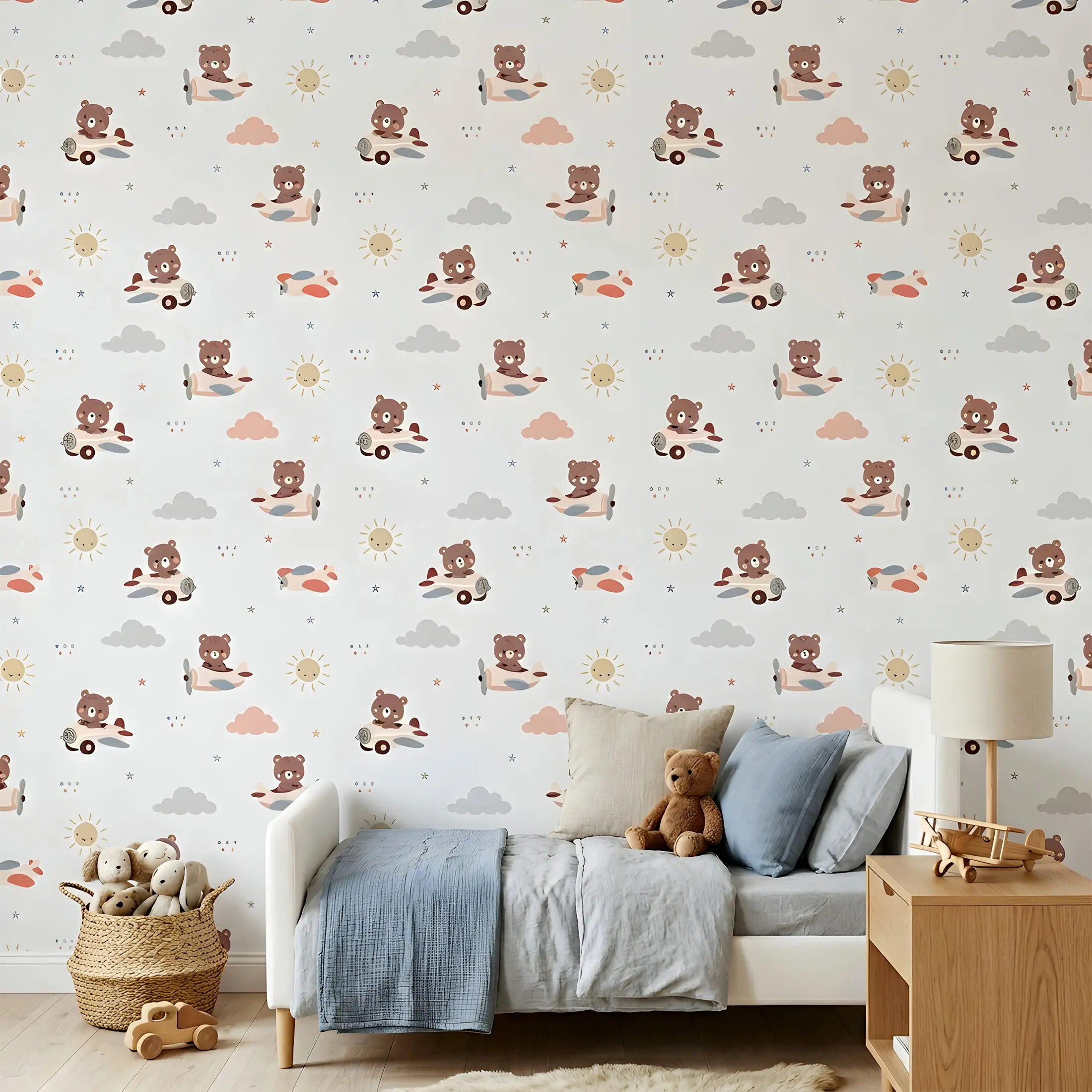 Bear Plane Self-Adhesive Wallpaper, Cute Cartoon Wall Paper, Soft Neutral Removable Contact Paper, Kids Bedroom Decor, Baby Room, Toddler Boy Room, Peel and Stick Wallpaper