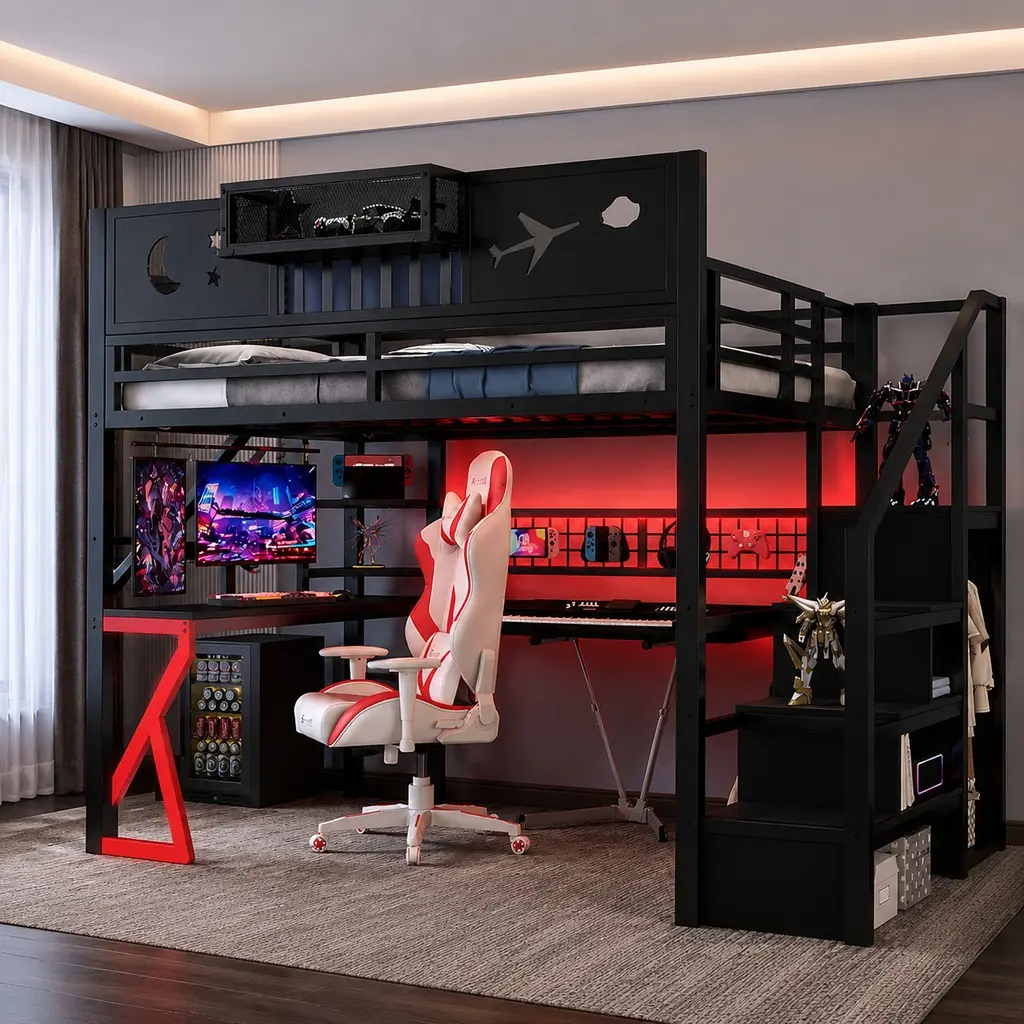 ARCH Full Size Secure Metal Loft Bed with Stairs, Desk, Wardrobe, LED Light, USB Port, Mesh - Black, 56.00" W x 94.30" D x 74.00" H Space-Saving Multifunctional Bed Frame for Kids