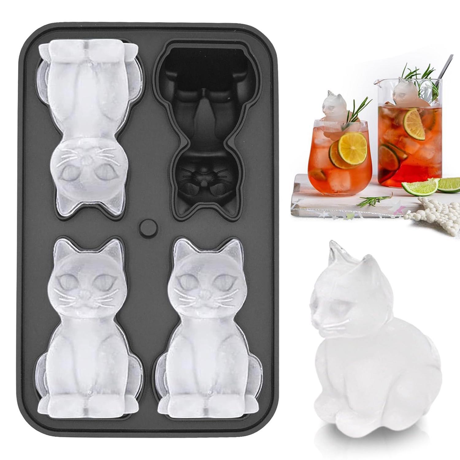 3D Cat Shaped Ice Cube Mold, 4 Hole Large Fun Shape Ice Cube Tray, Ice Molds for Cocktails, Bourbon, Brandy, Cocktail Whiskey Bourbon, Funny Cat Gifts for Cat Lovers