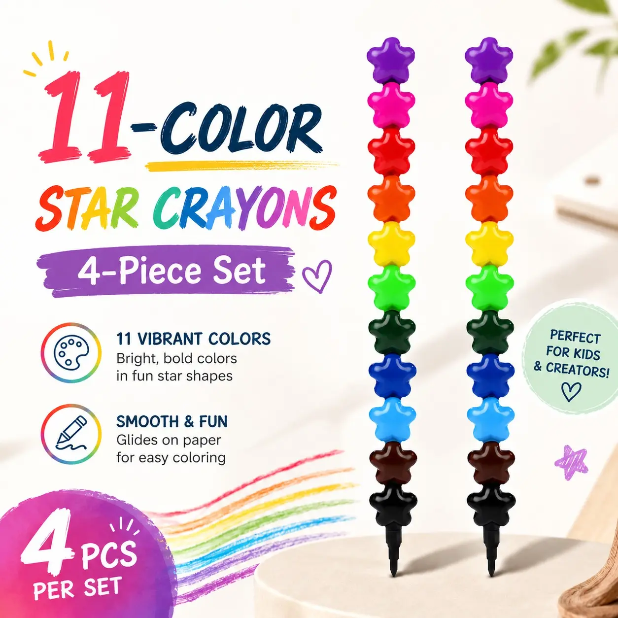 4 Pack 11-Color Stackable Star Crayons, Smooth Coloring No Mess Washable Kids Crayon Set