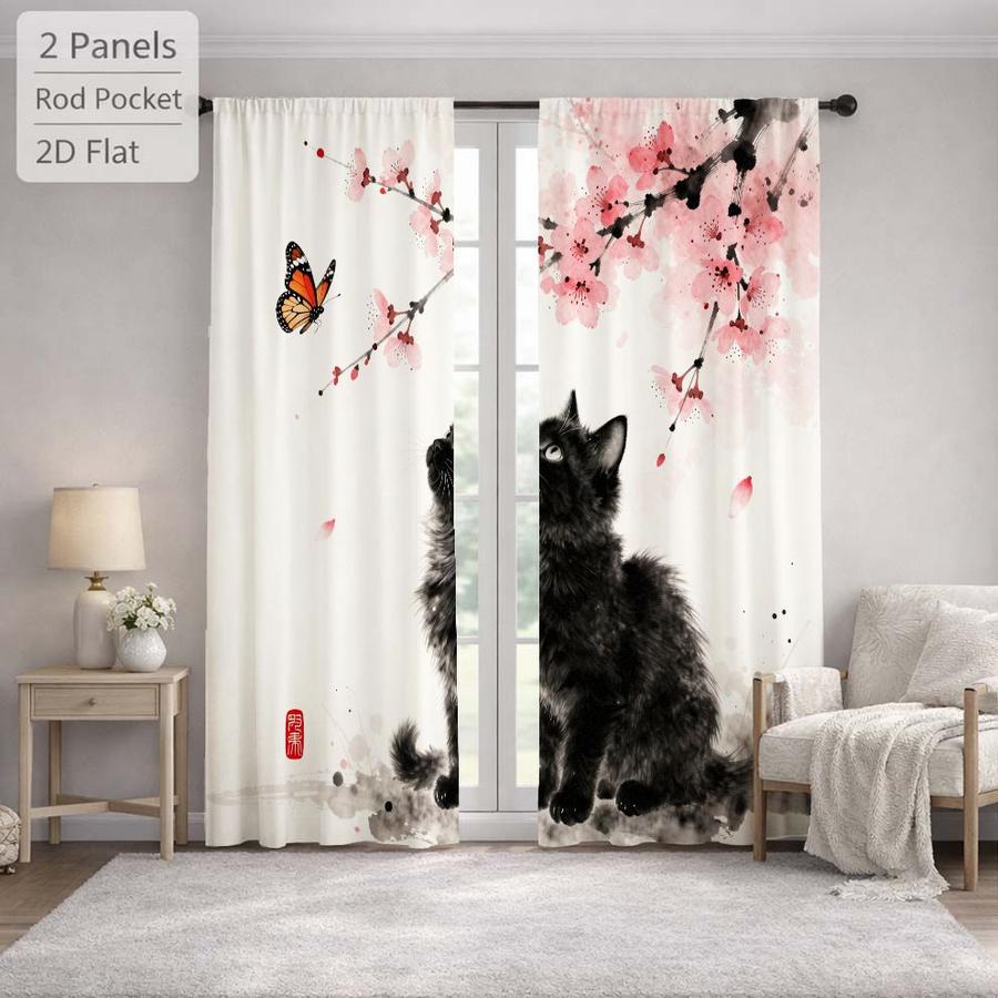 2Pcs Japanese Style Ink Painting Cat Butterfly Sakura Pattern Curtains Digital Printed Rod Pocket, Window Treatment For Bedroom Office Kitchen Living Room Study Home Decor