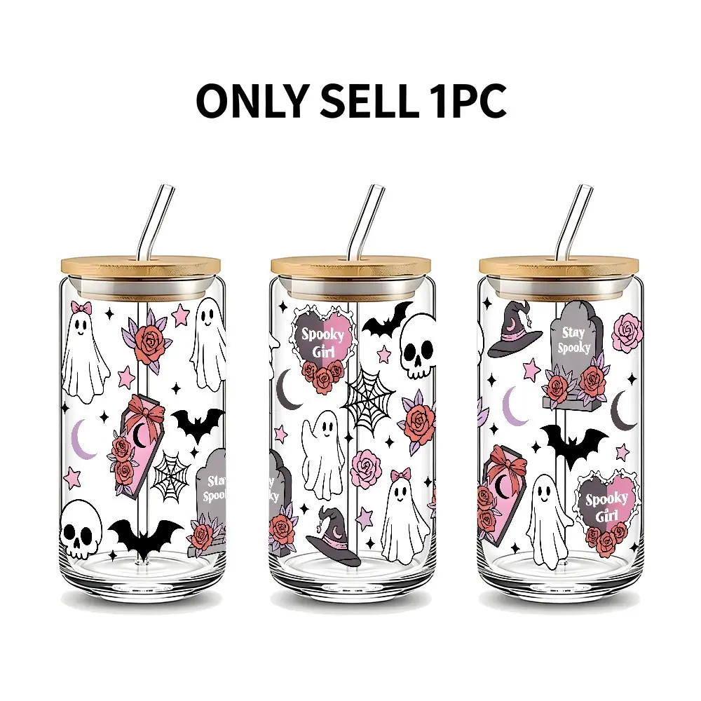 Cute Ghost Halloween Theme 16oz Glass Can Cup with Lid and Straw, Reusable Glass Drinking Cup, High-Quality Glass Jar for Iced Coffee, Hot Chocolate, Juice, Cold Drinks, Pastel Gothic Fall Style Glassware, Perfect Gift for Halloween Lovers, Friend, Family