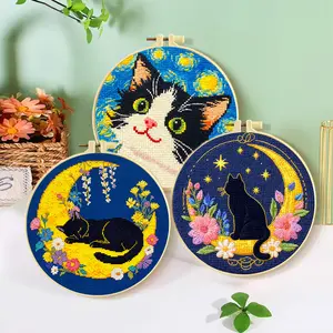 3 Pack Starry Night Moon Cat Counted Cross Stitch Kit for Beginners Pre-Printed Grid Linen Fabric Complete DIY Cross Stitching Set with Plastic Hoop Threads Needles Scissors Tools English Instruction for Home Wall Decor Holiday Gift