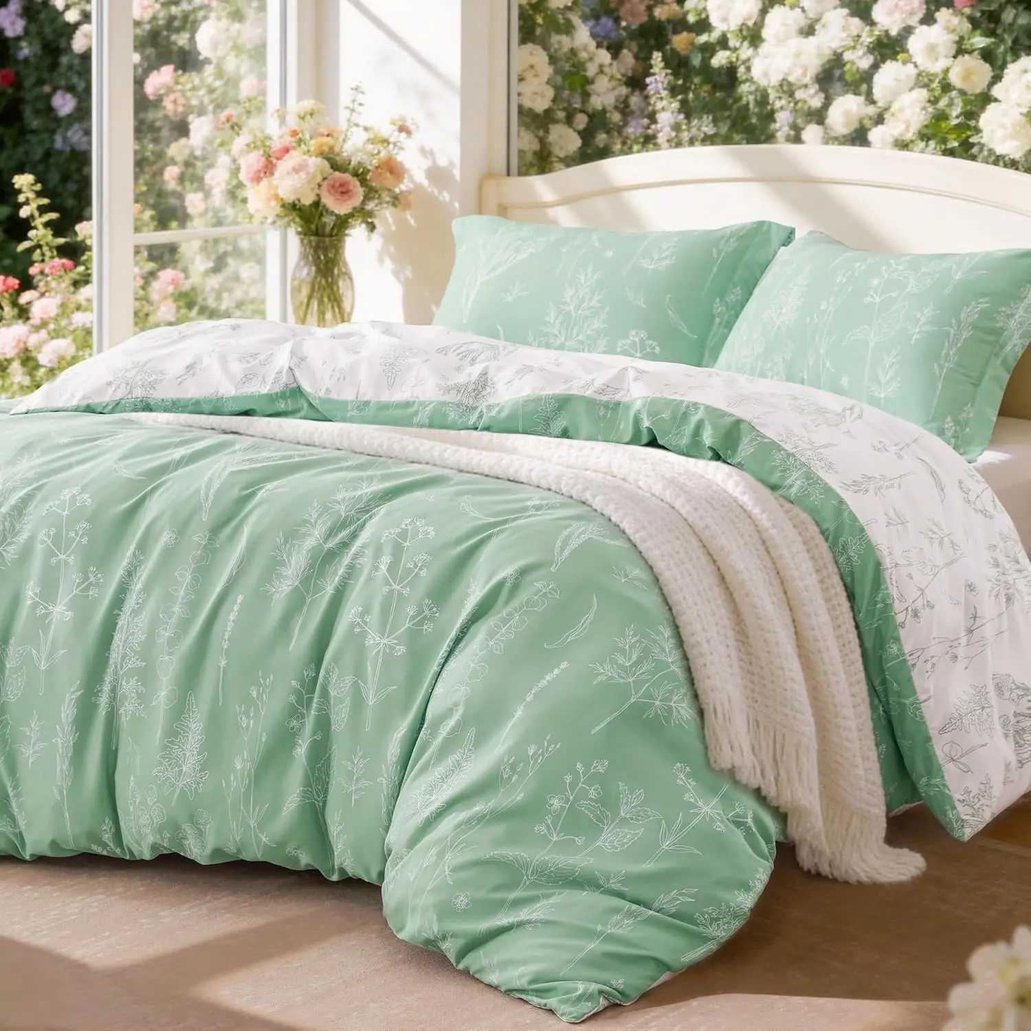 Sage Green Comforter Set Queen - Queen Size Comforter Set, 3 Pieces Cute Floral Bedding Sets for All,1 Soft Reversible Botanical Flowers Comforter and 2 Pillow Shams