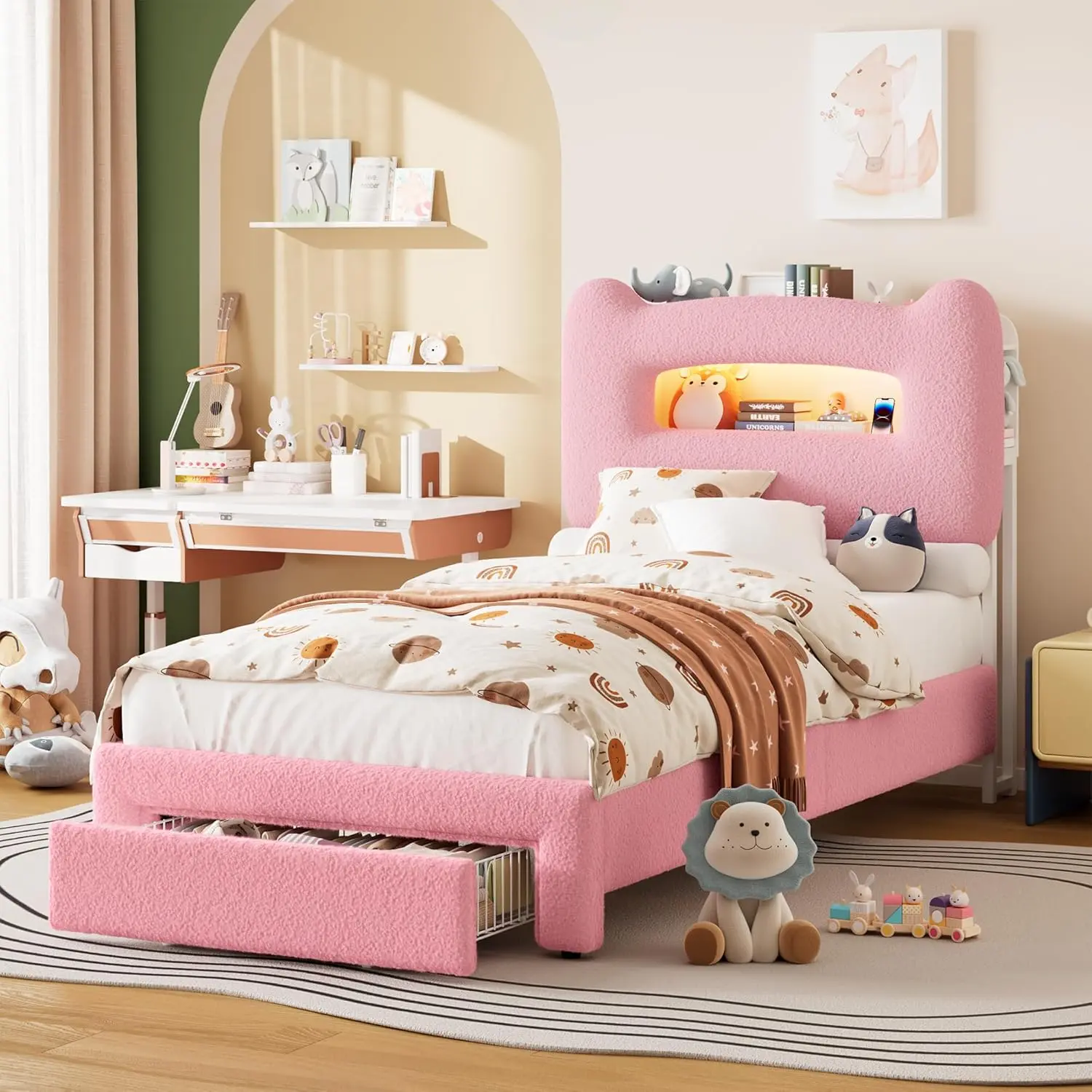 Led Twin/Full Bed Frame for Kids with Drawer, Upholstered Sturdy Platform Bed with Storage Headboard and Charging Station, Noise Free, Easy Assemble, for Girls/Boys