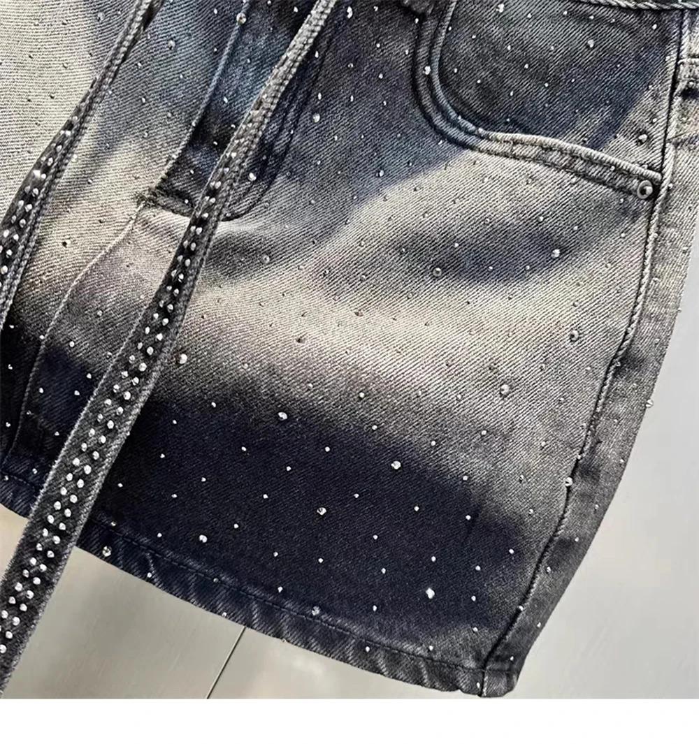 Oversize Retro Diamond Denim Mini Skirt for Women Summer High Waist Shiny Rivet Slim Skirts Gradient Black Grey Jean Skirts, Womenswear Bottom Palda Basic Minimalist