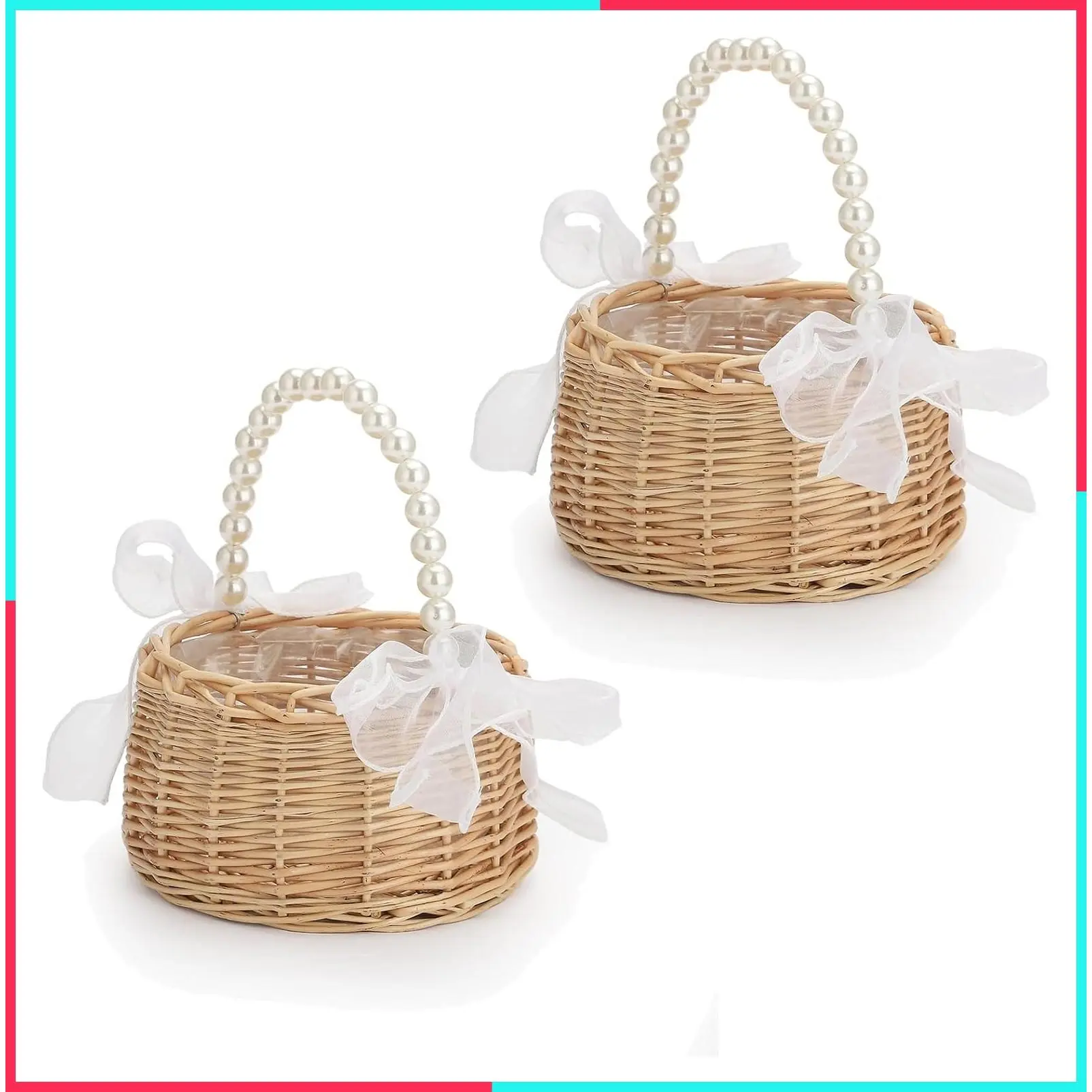 2 PCS Handwoven Wicker Rattan Flower Girl Basket with Pearl Handle and Bow, Fairy Easter Basket for Wedding (Brown)