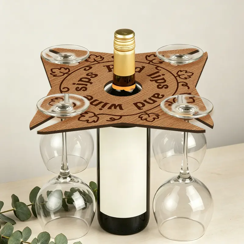 Portable wooden wine rack and coaster set, perfect for parties, picnics and home bar decor. It holds 4 wine glasses and comes with holders for wine bottles and goblets. Ideal for storing wine glasses and bottles, it is a great pick for home use, barbecues