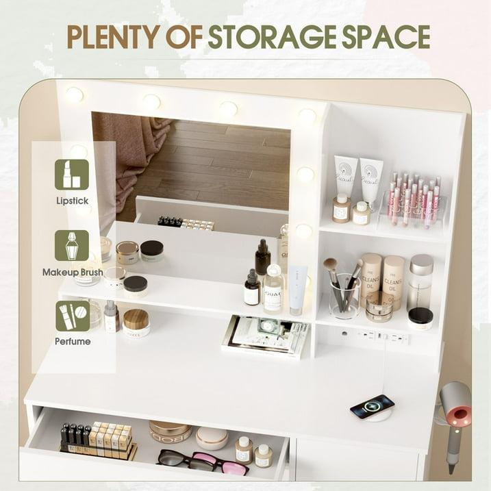 FURMAX Vanity Desk with Lights and Mirror Makeup Vanity Table Set with Cabinet and Power Outlet, White