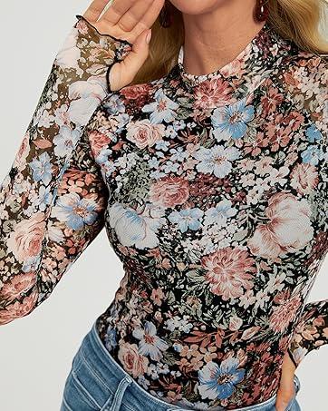 Women's Floral Mesh Long Sleeve Sheer Lace Blouse with Faux High Neck, Fall Outfits 2025