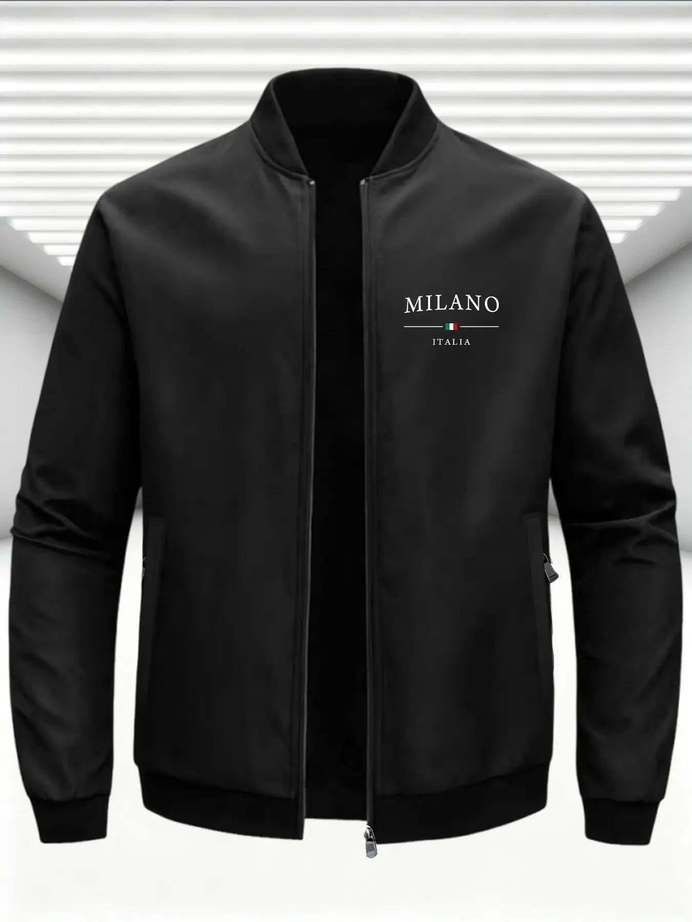 Men's Trendy Slant Collar Jacket, Milano Italian Flag Print Baseball Neck Jacket, Lightweight Business Casual Zipper Flight Coat, Perfect Gift