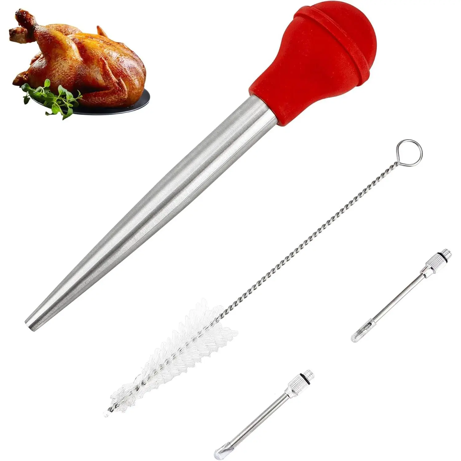 Turkey Baster Syringe for Cooking, Large Stainless Steel Meat Injector, with Cleaning Brush and 2 Marinade Needles, Red