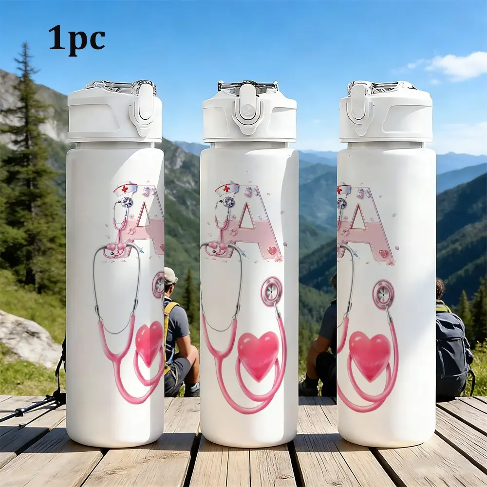 Personalized Nurse Initial A Plastic Water Bottle, Pink Stethoscope Heart Print Water Bottle, Custom Initial Medical Themed Reusable Bottle, Nurse Appreciation Gift, Plastic Water Bottle for Nurses with Initial A, Custom Nurse Water Bottle
