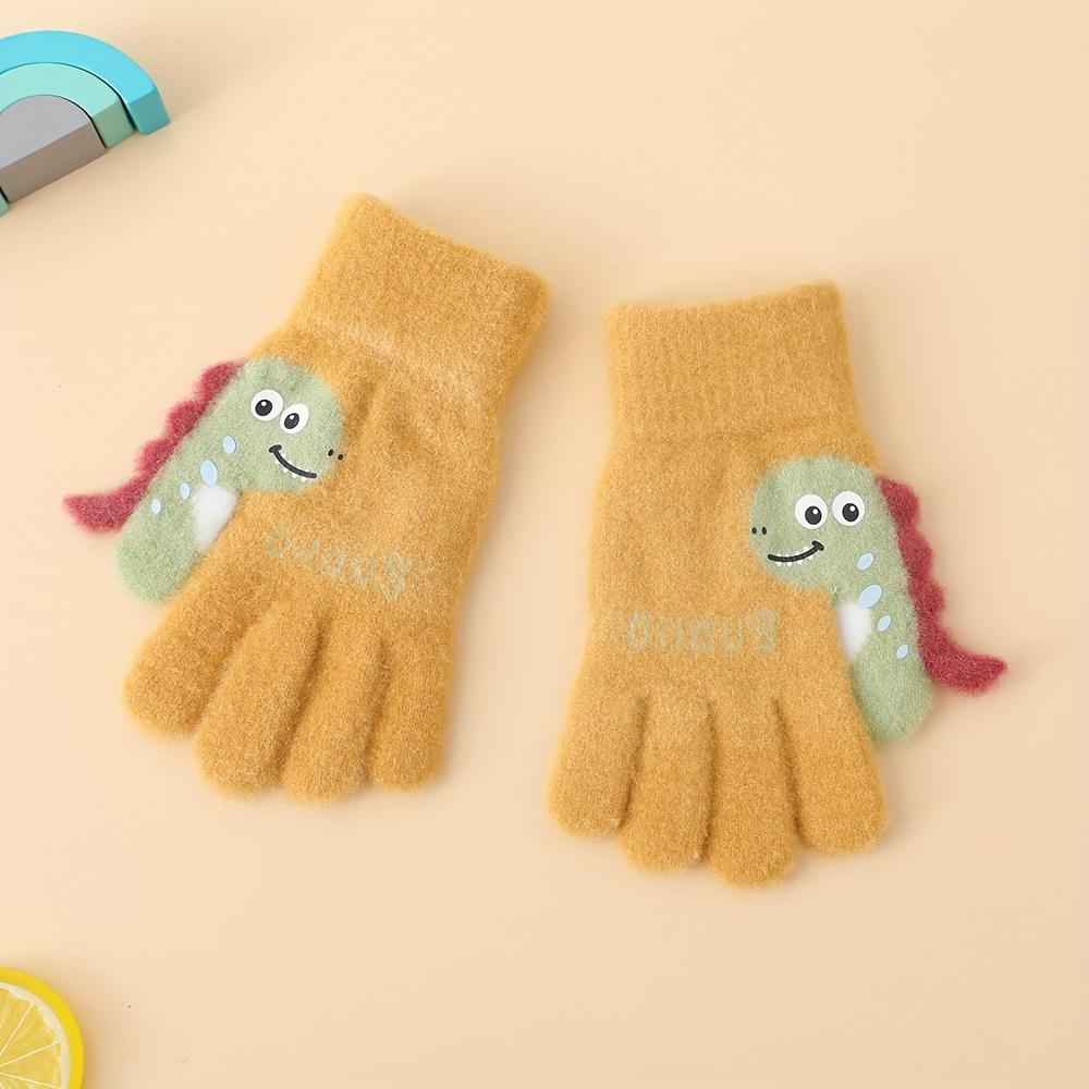 1 Pair of Youngsters's Gloves, Autumn and Winter Warm Plush Five-Finger Cute Cartoon Dinosaur Knitted Mittens for Boys & Girls, 3-7 Years Old