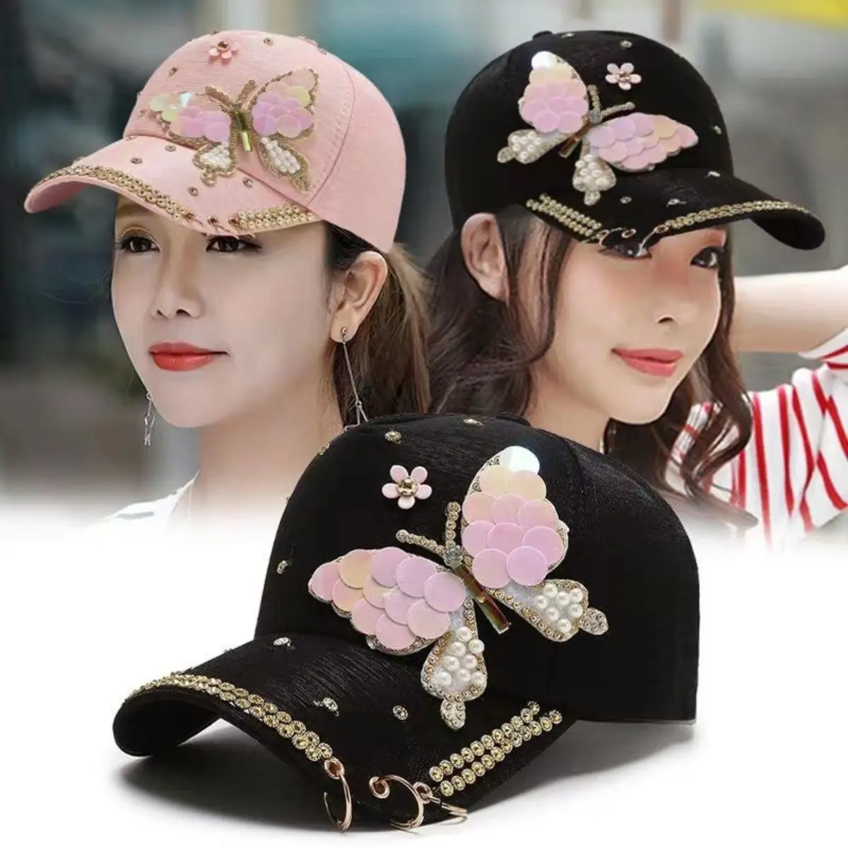 Women's Baseball Cap - Korean-Style Casual All-Seasons Sports & Outdoor Hat for Adults, Sparkling Butterfly Diamond Accents, UV Protection, 1-Size Baseball Cap