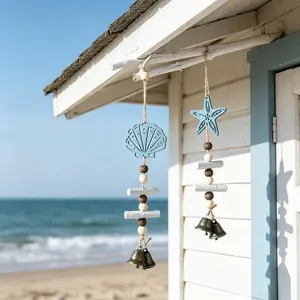 Mediterranean Ocean-Themed Wooden Wind Chimes, Seashell and Starfish Bell Ornaments, Blue Ocean Decor, Beach Home Decor, Seaside Cottage Gift