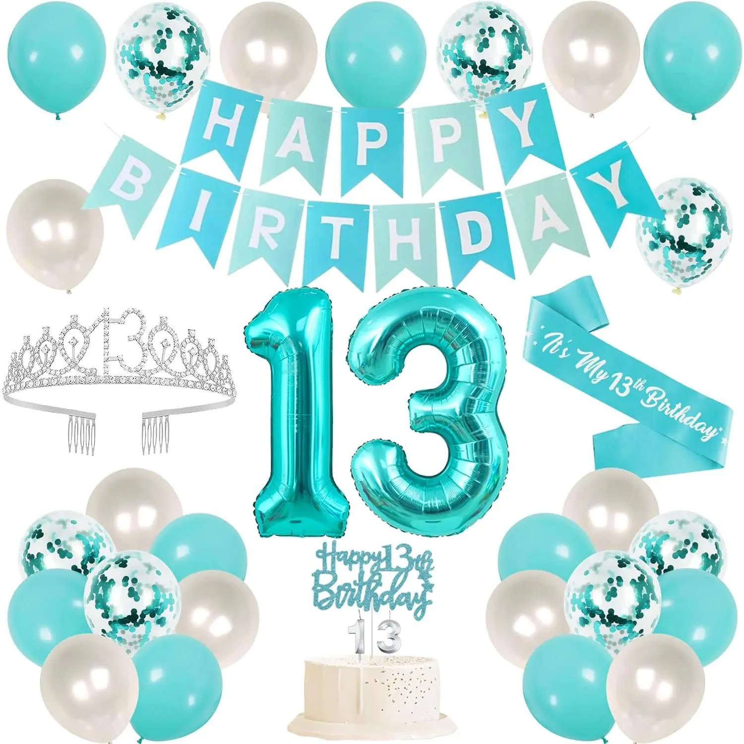 13th Birthday Decorations for Girls, Banner, 13 Years Old Sash and Crown, Cake Topper, 13 Number Balloon, Teal Blue 13th Birthday Party Supplies