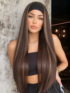 Ice Silk Hairband Wig, Mixed Long Straight Hair, 26 Inches, Heat Resistant Synthetic Hair Wigs for Daily Commute, Comfortable and Stylish