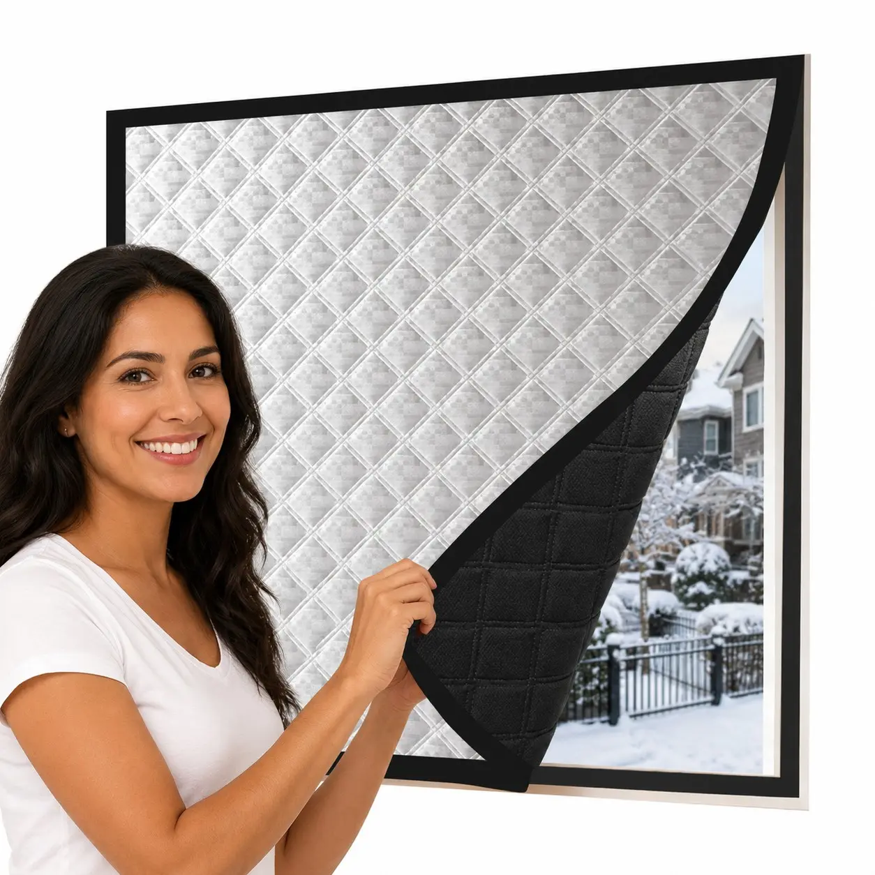 Thick Winter Thermal Window Curtain, Silver Quilted Aluminum Insulated Window Cover, No-Drill Self-Adhesive Install, Windproof Cold Draft Blocking Blackout Curtain, Blackout Covers for Bedroom Living Room Balcony, Curtains Black Out