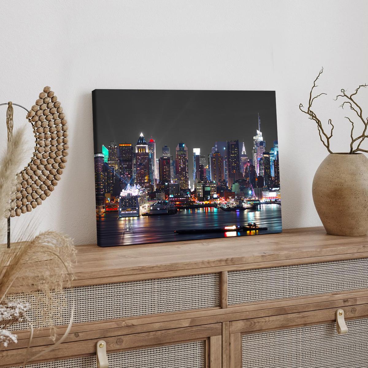 New York City Night View Canvas Print with Frame, Modern Art Decoration, Living Room Bedroom Decoration, Hallway Office Mural, Ideal Gift, Poster
