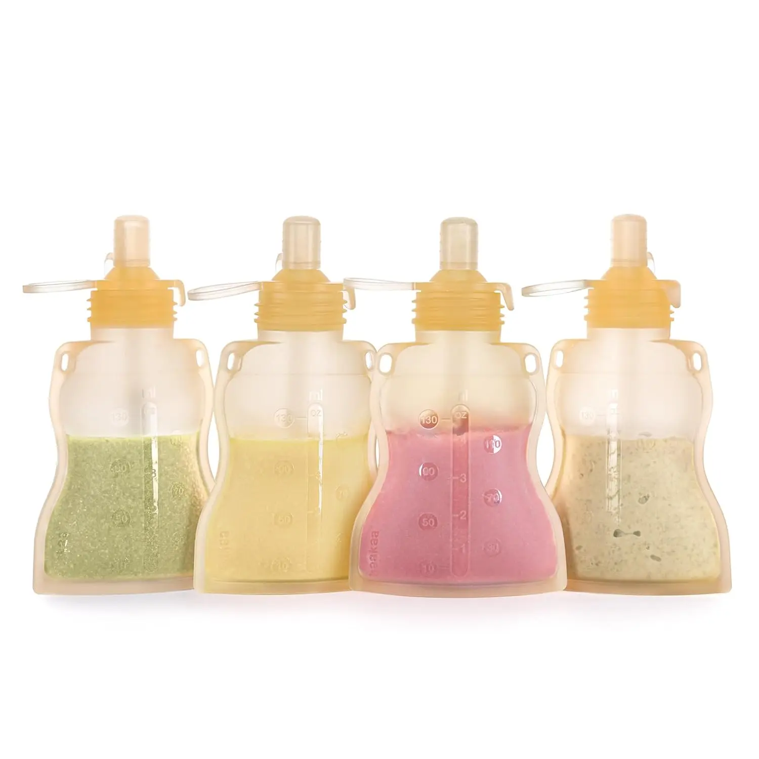 Baby Food Pouch Refillable Baby Squeeze Silicone Yummy Pouch, Soft Reusable Squeeze Storage Food Pouch for Kids Toddler,Home Made Food Puree,Smoothie Pouch Bag, 4oz, 4 Pack,6m+ (Yellow)