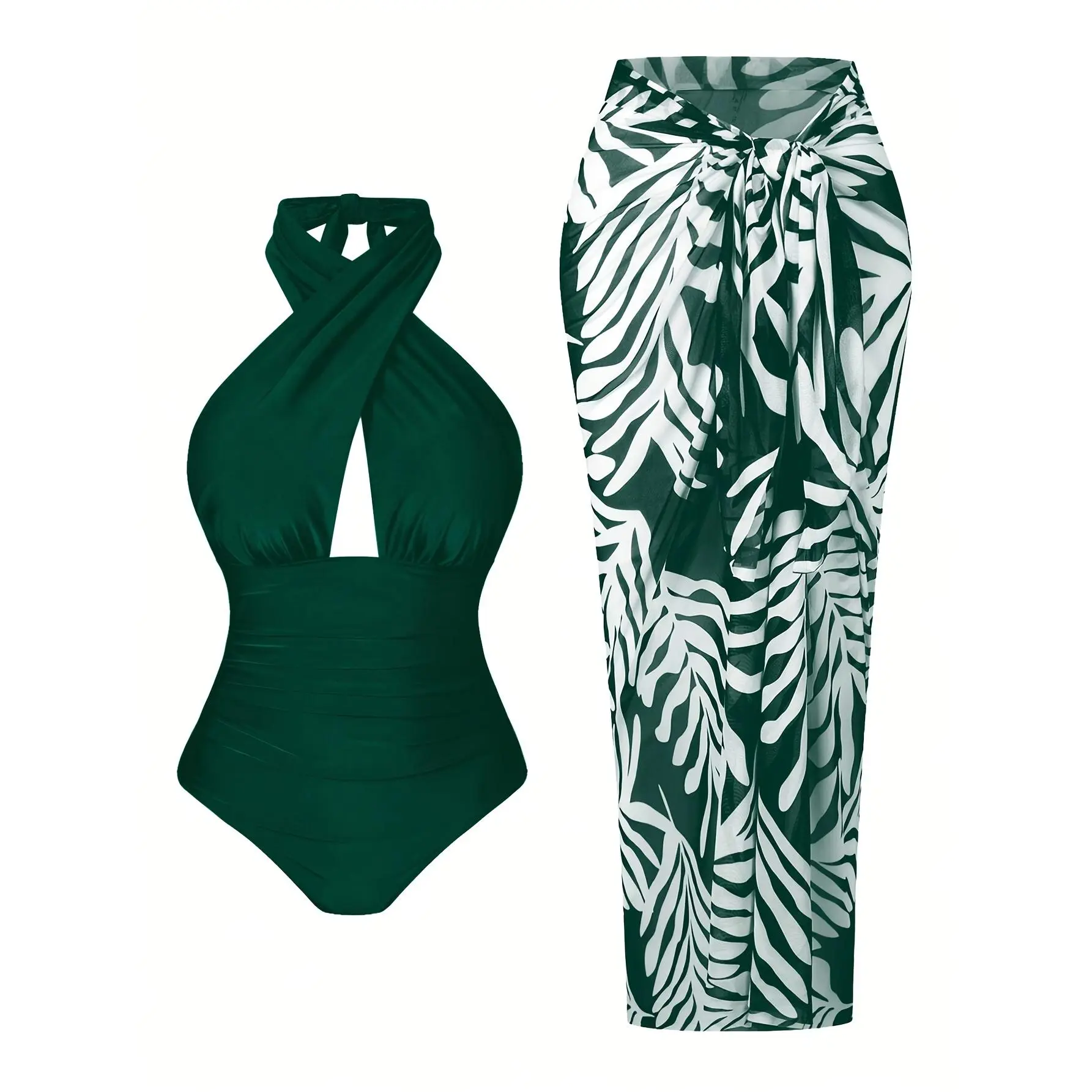 Women's Plus Size 2-Piece Elegant Deep V Neck Cross Wrap Bikini Set, Green & White Print, High Stretch Knitting Polyamide Elastane, Removable Pads, Quick Dry Swimming Suit, Beach Wear, 4XL, Machine Wash