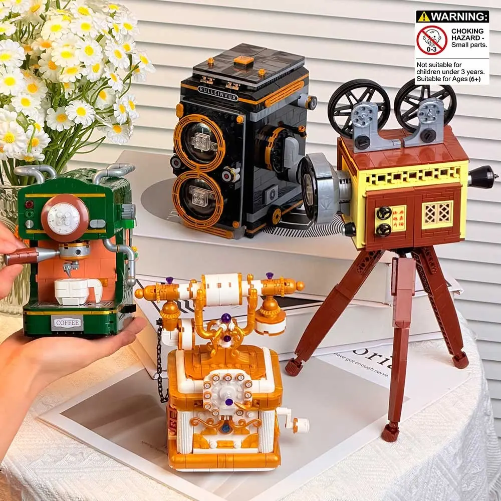 High-End Retro Building Block Set, Vintage Coffee Machine, Old Camera, Phone, Movie Projector, Home Desktop Decor, Stress Relief Toy, Gift for Kids