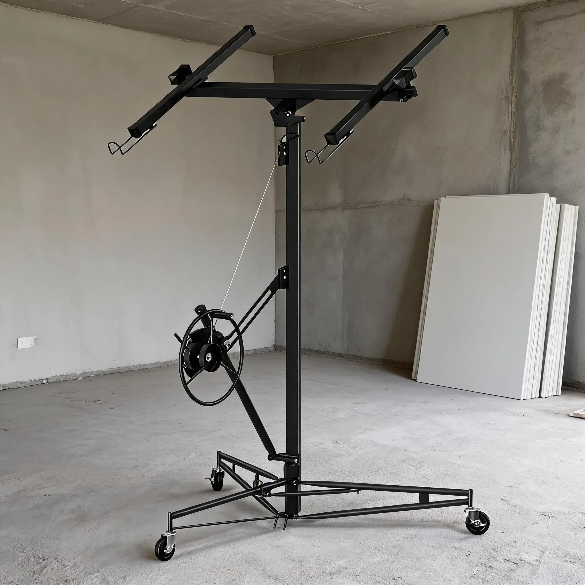 16 Ft Drywall Lift, 150 LBS Heavy Duty Sheetrock Rolling Panel Lifter Hoist Jack, 360° Adjustable Telescopic Arm, 3 Lockable Universal Wheels, Portable Drywall Installation Tool for Contractors, Black