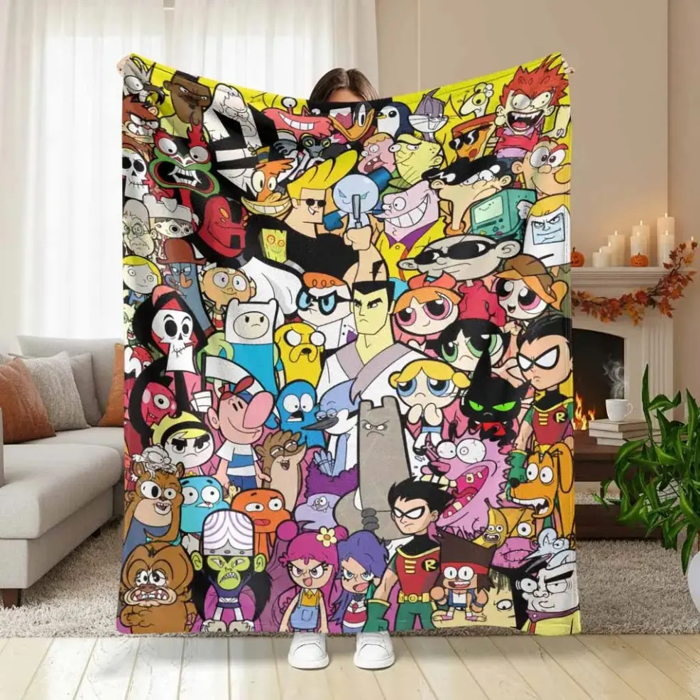 Retro Cartoon Character Collage Flannel Throw Blanket, Classic Vintage Animation Animal Print, Soft Cozy Lightweight Stain Resistant, for Adults, Ideal for Sofa, Vintage Home Decor, Great Dorm Accent, Perfect Birthday Holiday Gift