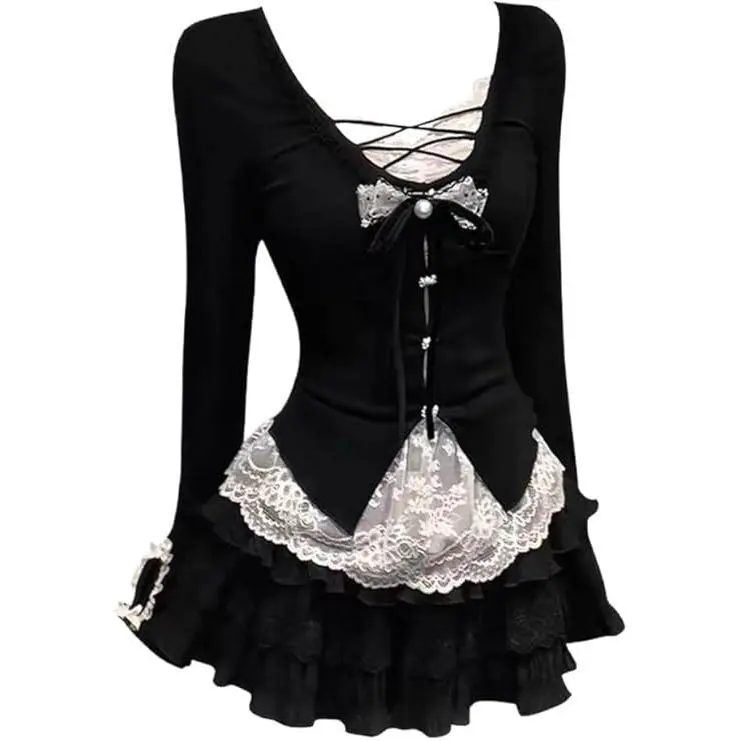Y2K Black Lace Skirt Set Women Built-in Cami Top & Midi Skirt Going Out Outfi